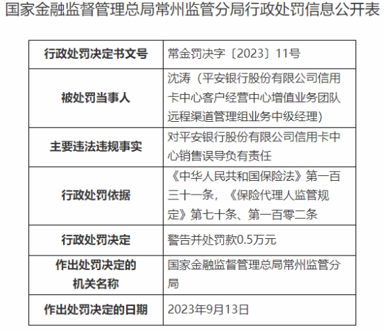 平安银行信用卡中心及1名责任人违法被罚 销售误导