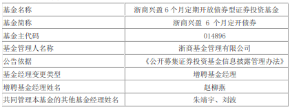 浙商兴盈6个月定开债券增聘赵柳燕