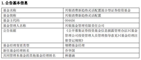 兴银消费新趋势灵活配置增聘基金经理乔华国