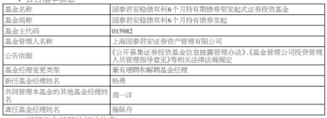 国泰君安稳债双利6个月持有债增聘基金经理杨勇