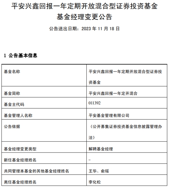 李化松离任平安兴鑫回报 年定开混合 年内跌22.7%